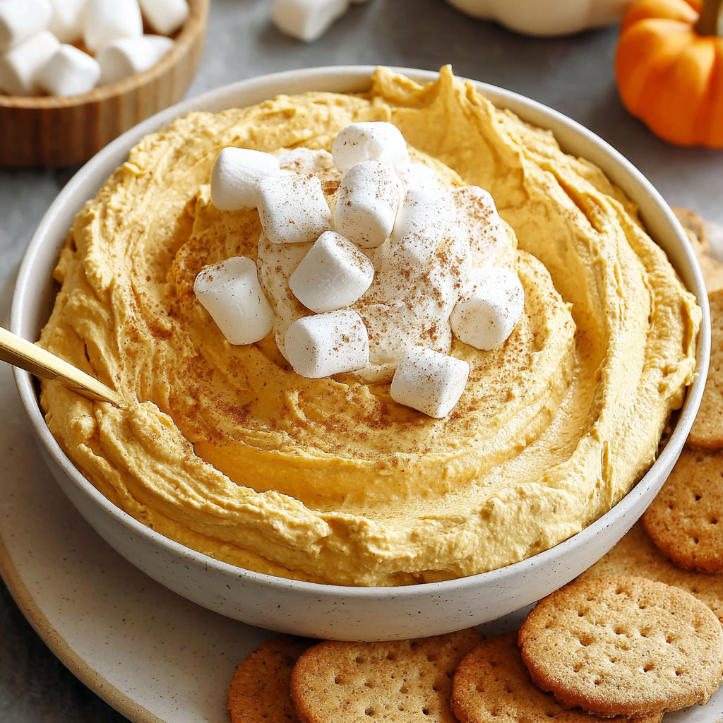 A bowl of creamy pumpkin fluff dip with marshmallows on top.