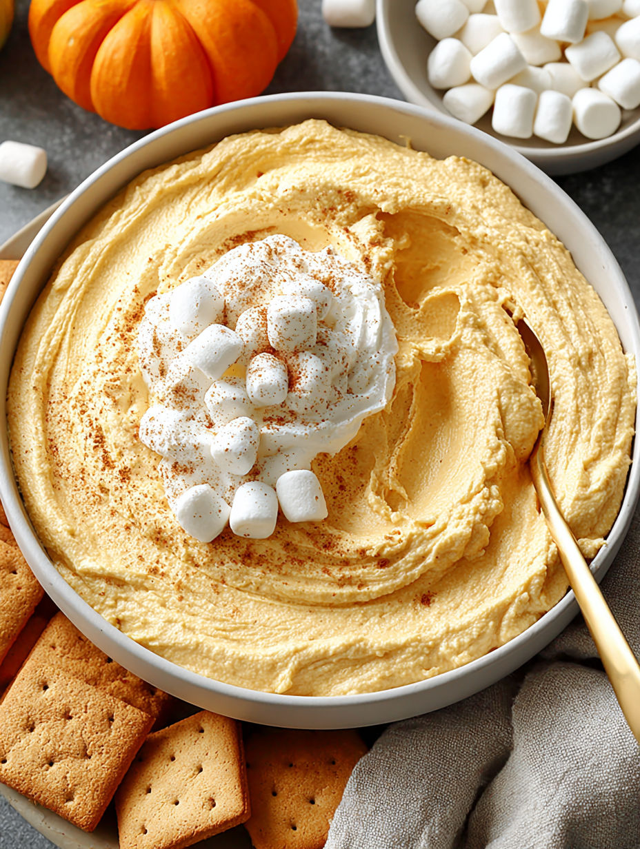 A bowl of creamy pumpkin fluff dip with marshmallows on top.
