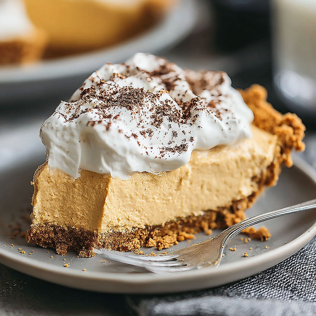 A slice of pumpkin mousse pie with whipped cream on top.