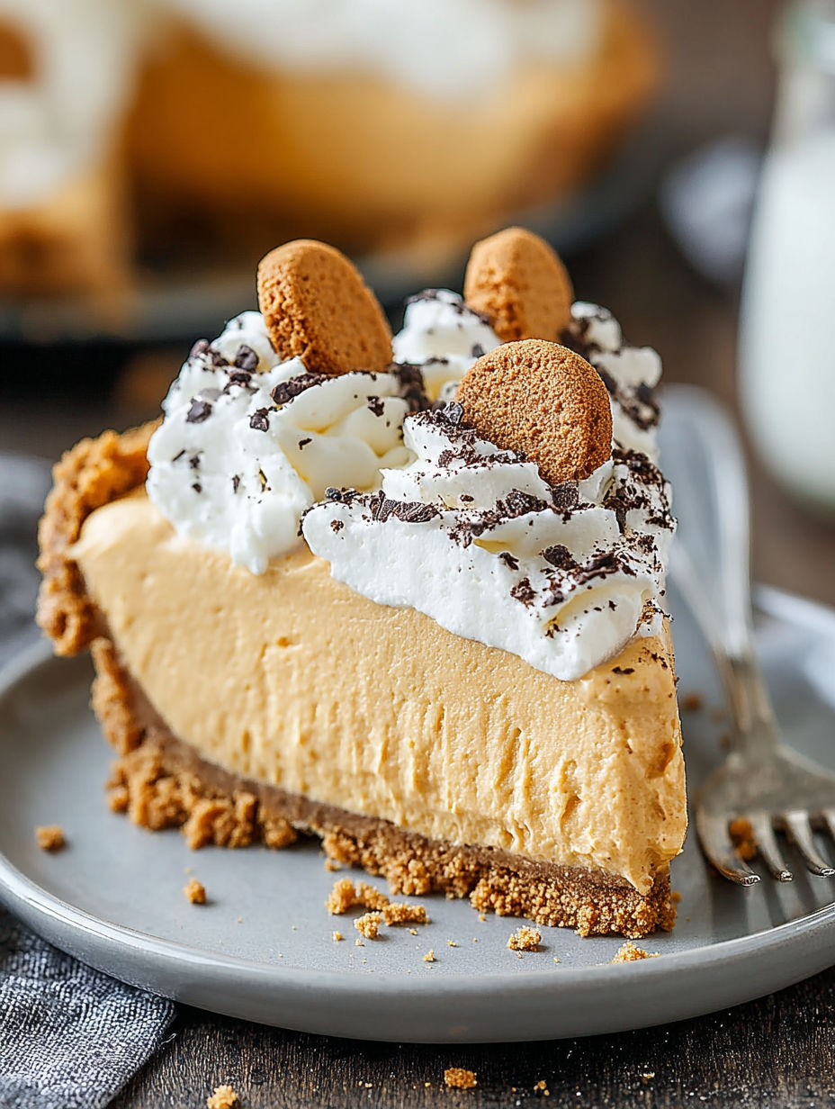A slice of pumpkin mousse pie with whipped cream on top.