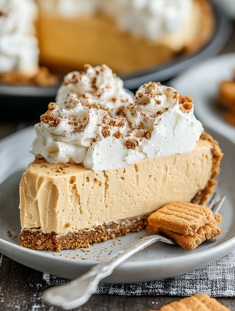 A slice of pumpkin mousse pie with whipped cream on top.