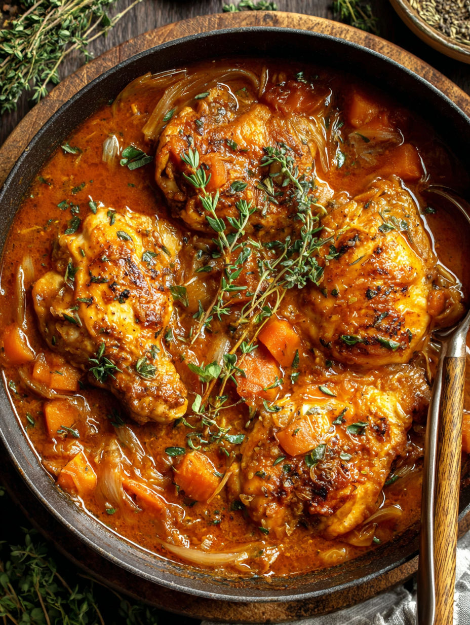 A close up of a crockpot filled with chicken and vegetables.
