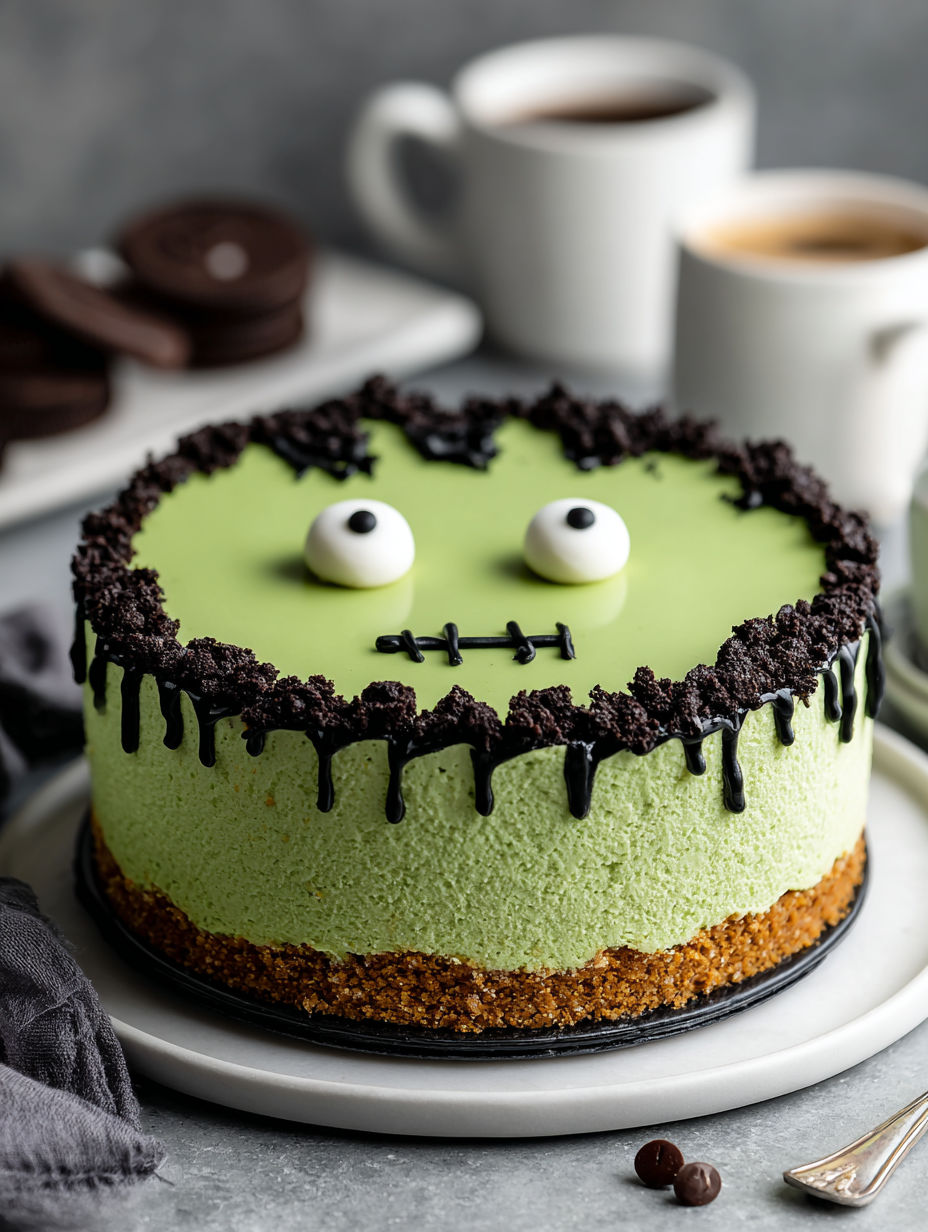 A Frankenstein-themed cheesecake with a green frosting and black decorations.