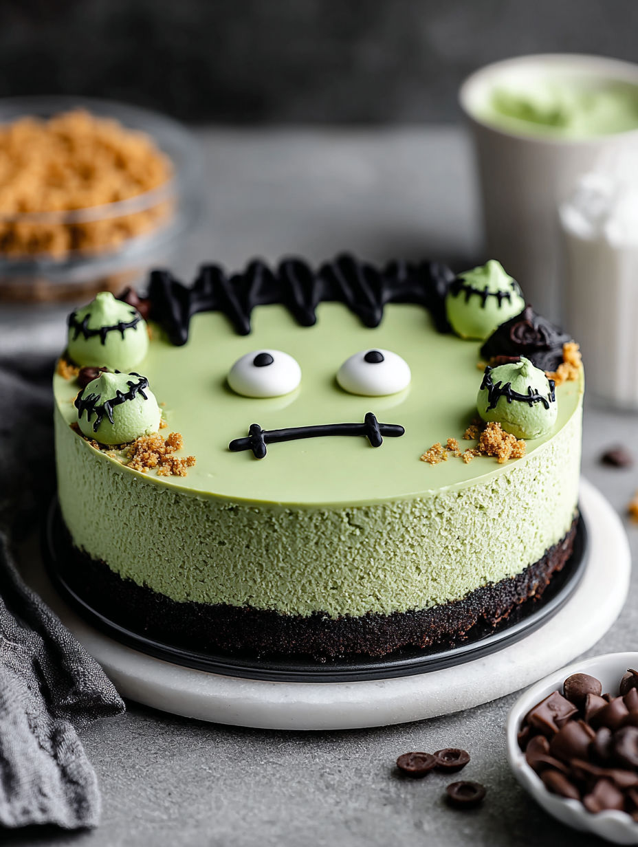A Frankenstein-themed cheesecake with chocolate and caramel toppings.
