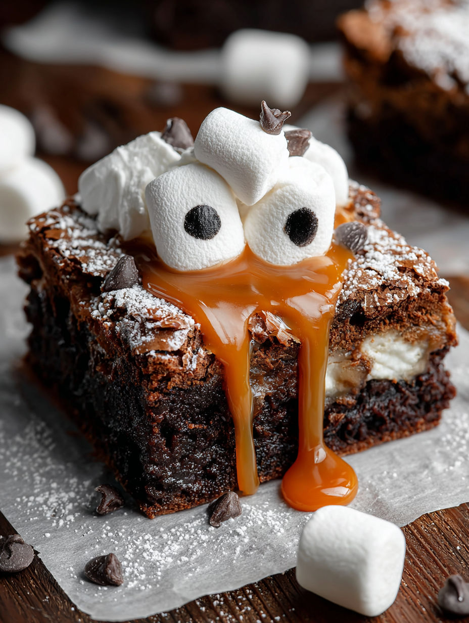 A slice of brownies with caramel drizzled on top.