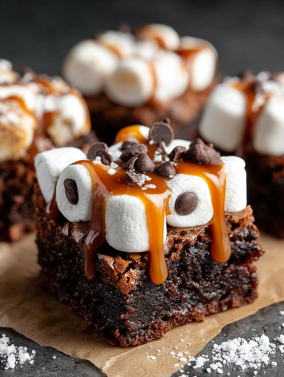 A close up of a chocolate brownie with caramel drizzle and marshmallows.