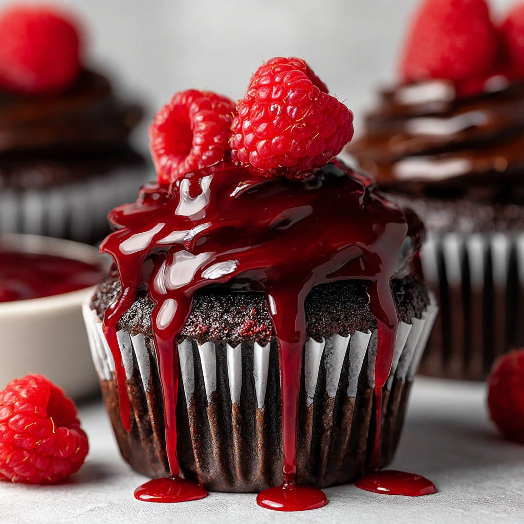A chocolate cupcake with raspberries and chocolate sauce drizzled on top.