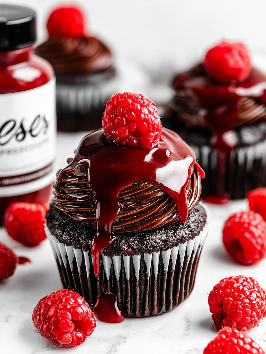 A chocolate cupcake with a raspberry on top.