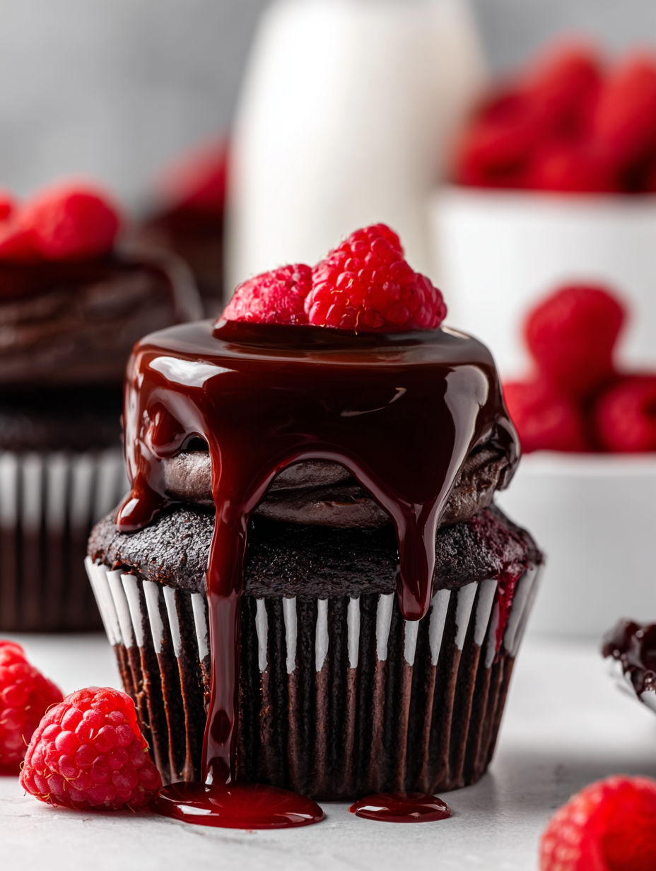 A chocolate cupcake with a raspberry on top.