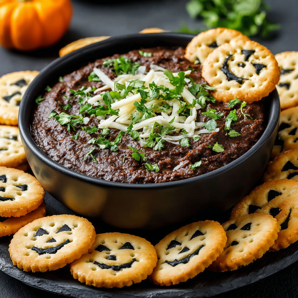 A bowl of black bean dip with a spoon and a plate of Halloween cookies.