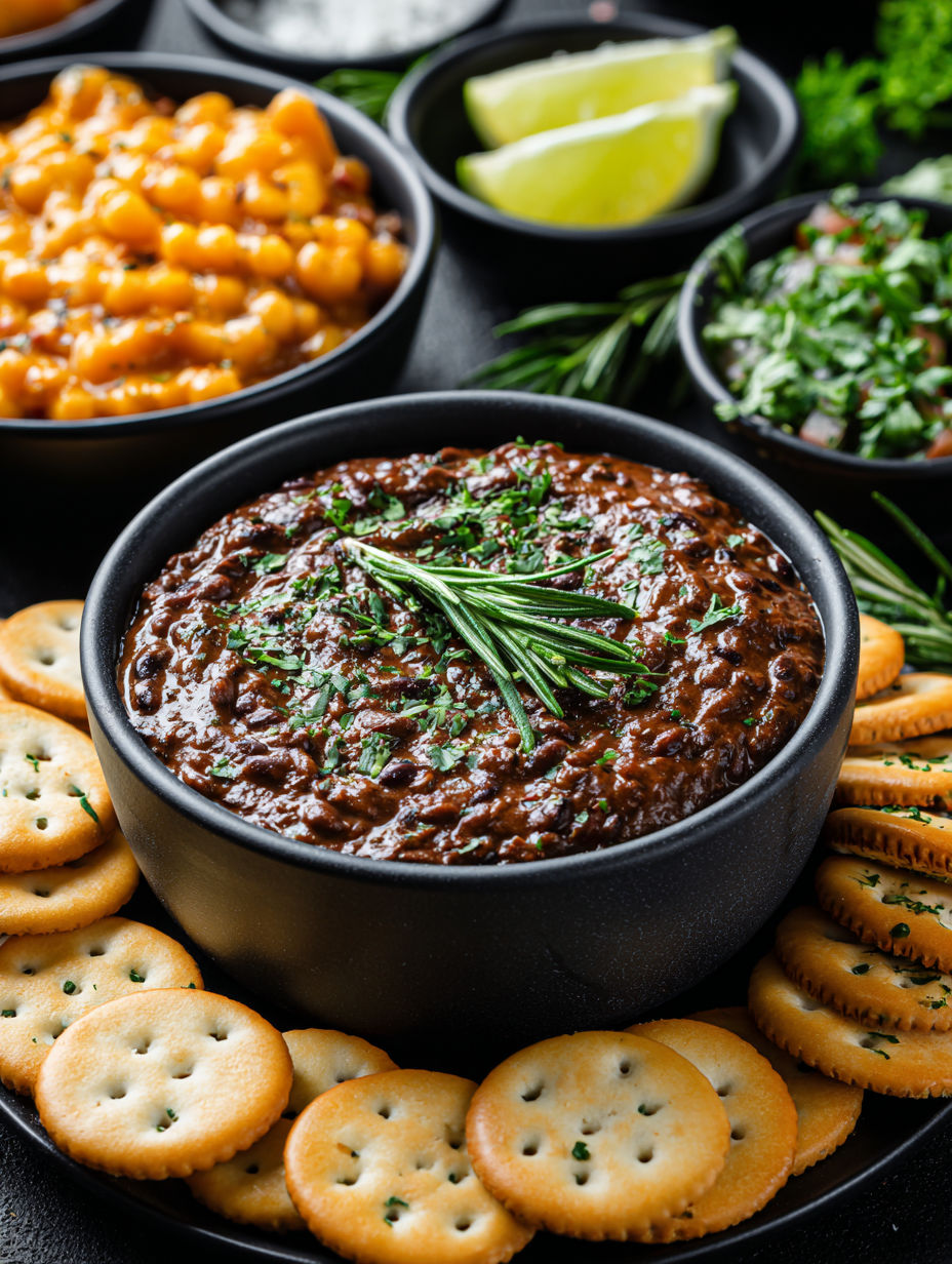 A bowl of black bean dip sits on a table with crackers and other food items.