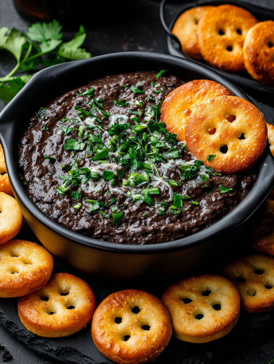 A bowl of black bean dip with a spoon and a bag of crackers.