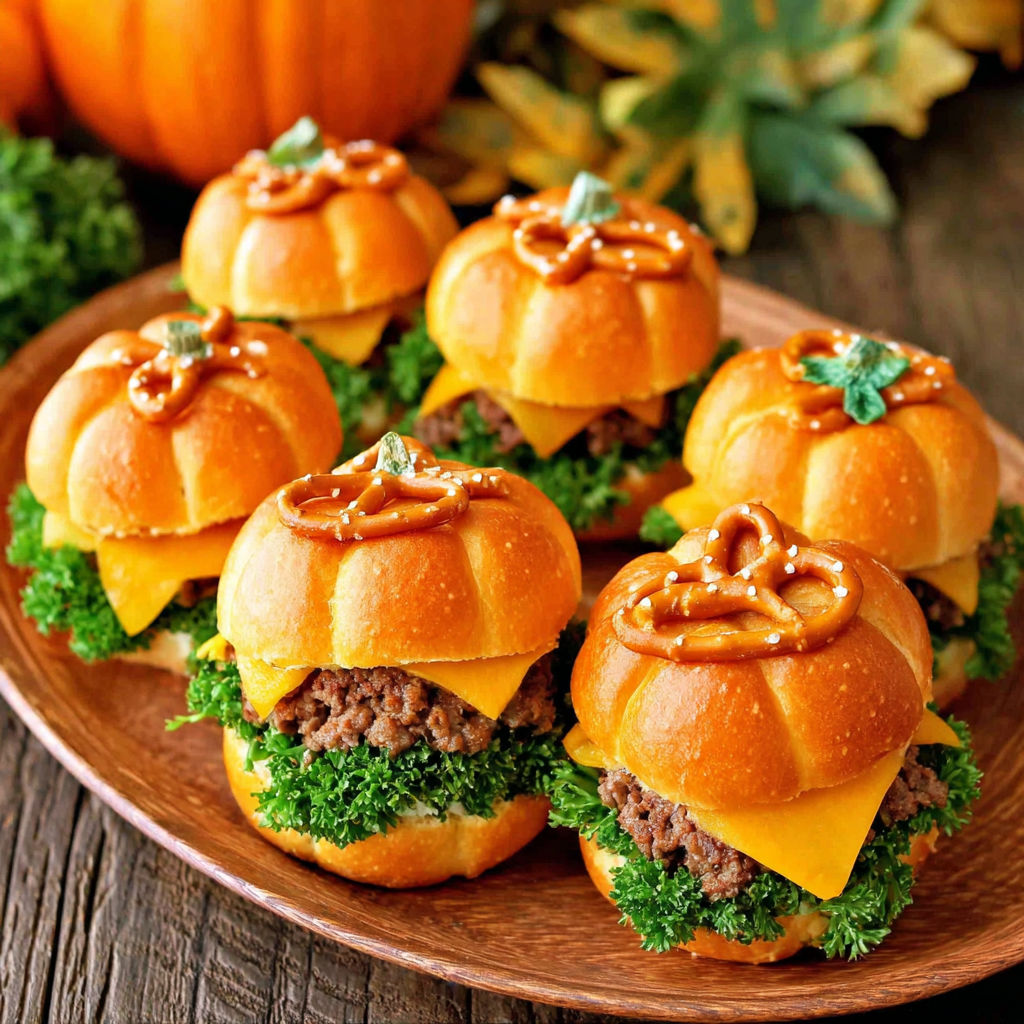 A plate of pumpkin-shaped sliders with beef.