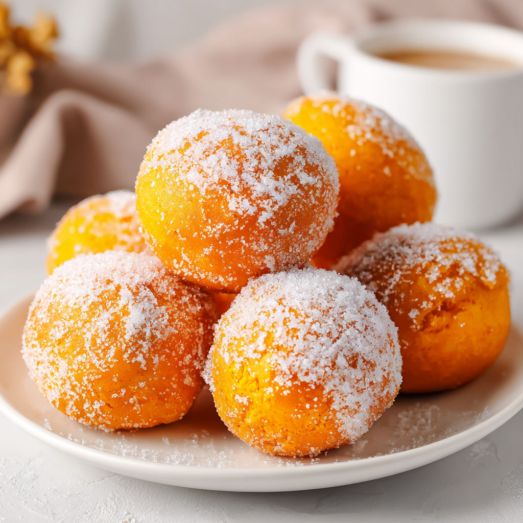 A plate of pumpkin donuts with powdered sugar.