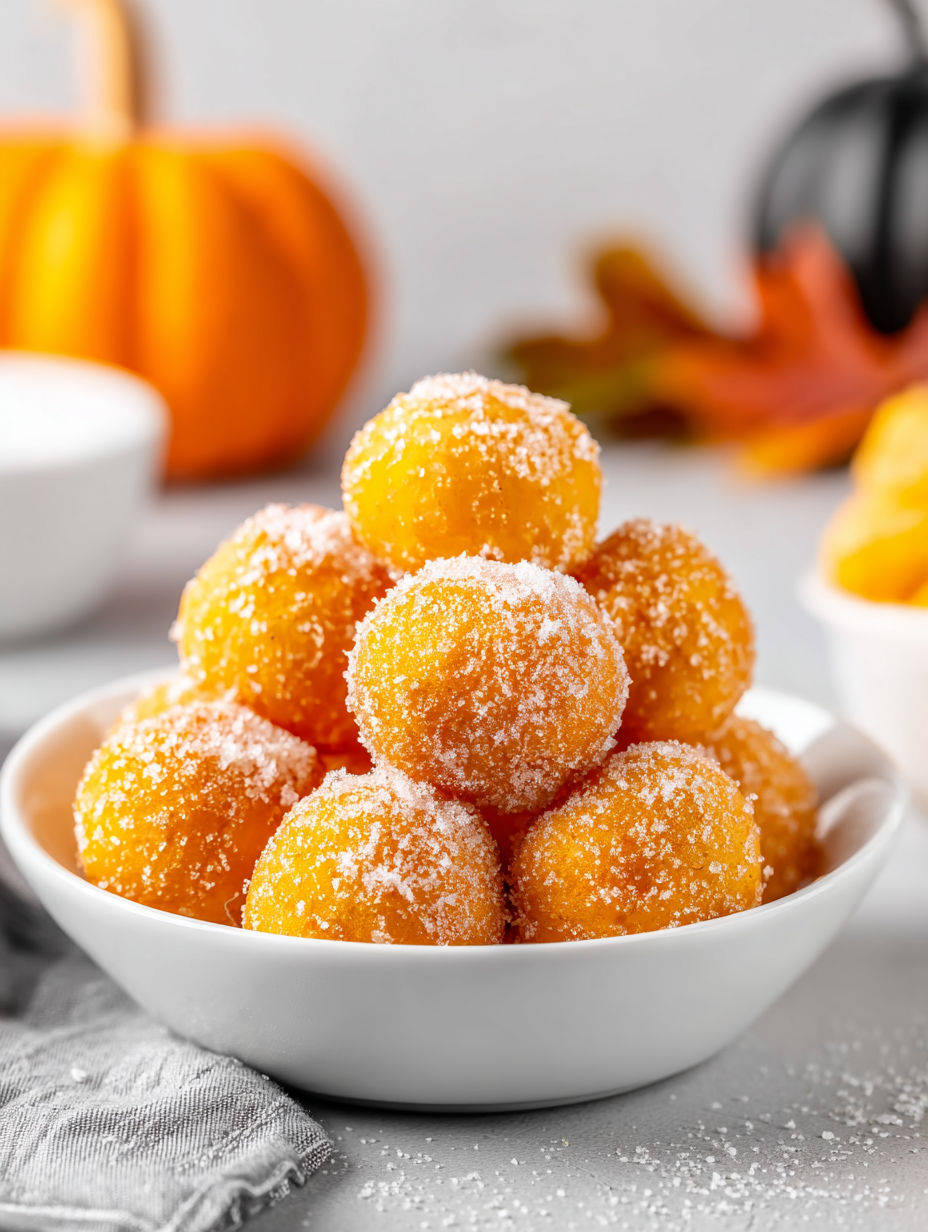A bowl of pumpkin donut holes.