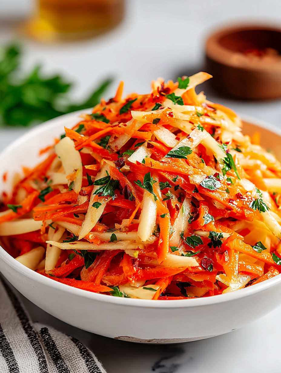 A bowl of shredded carrots and apples.