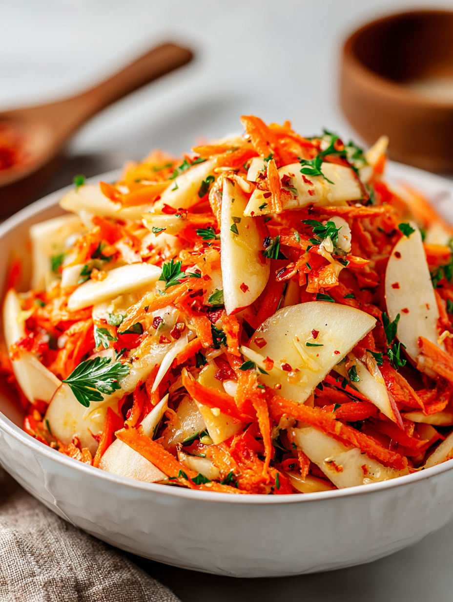A bowl of apple carrot salad.