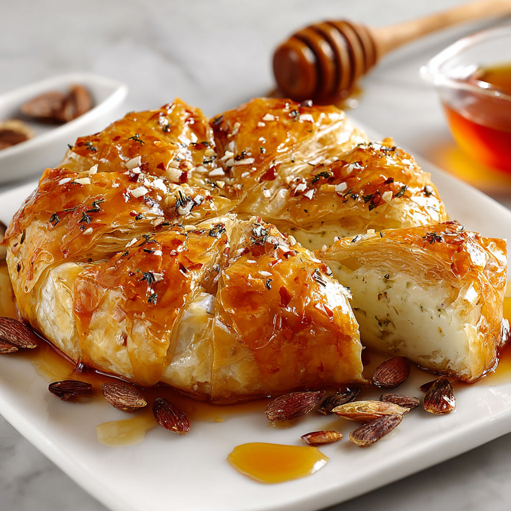 A plate of baked brie in phyllo dough.