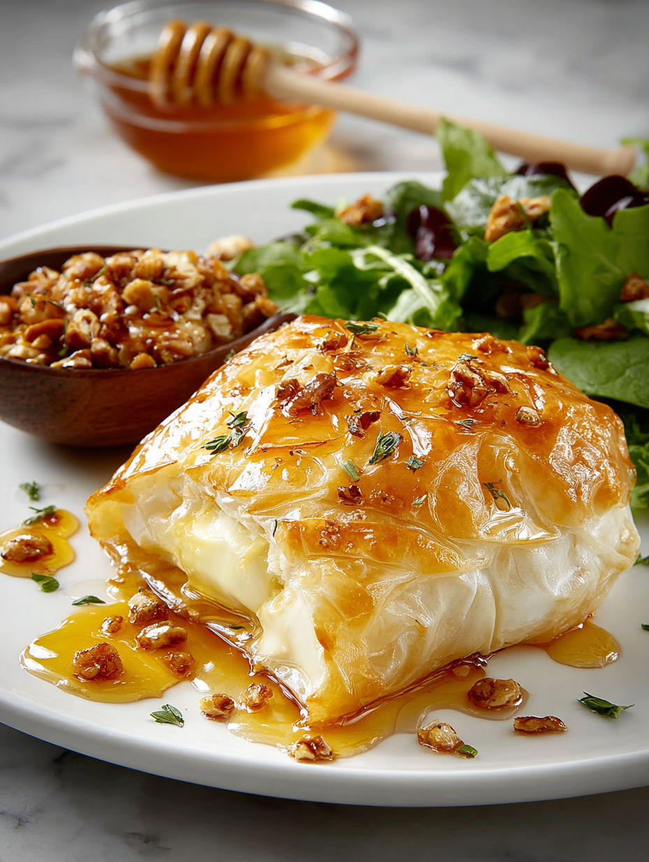 A plate of food with a baked brie in phyllo dough.