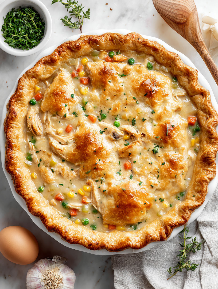 A pot pie with chicken and vegetables.