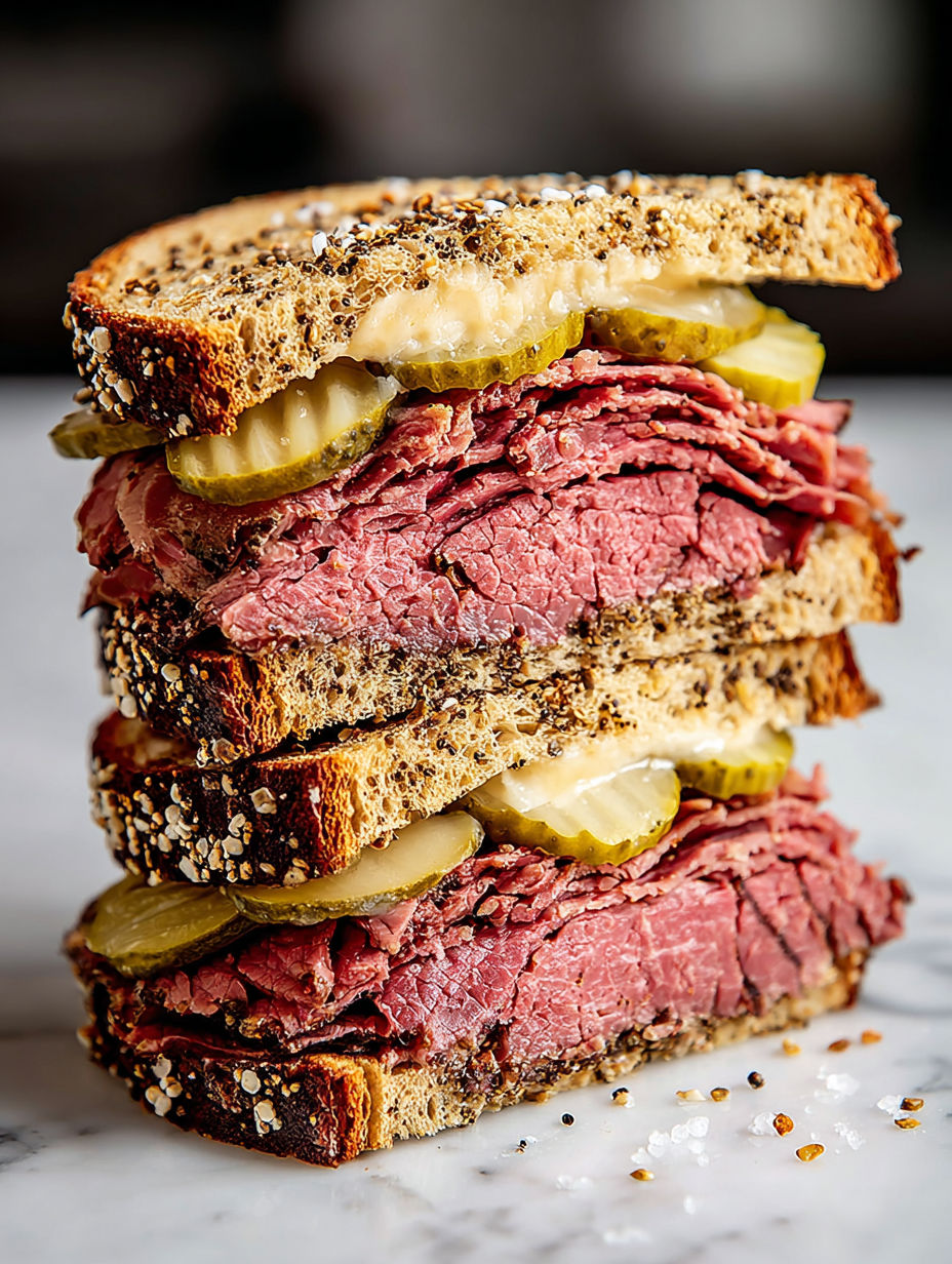 A stack of pastrami sandwiches on rye.