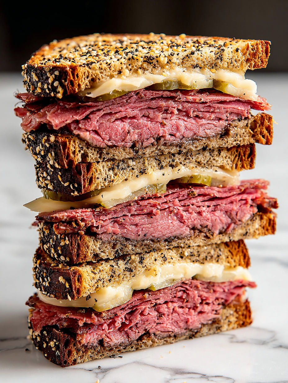 A stack of pastrami sandwiches on rye.