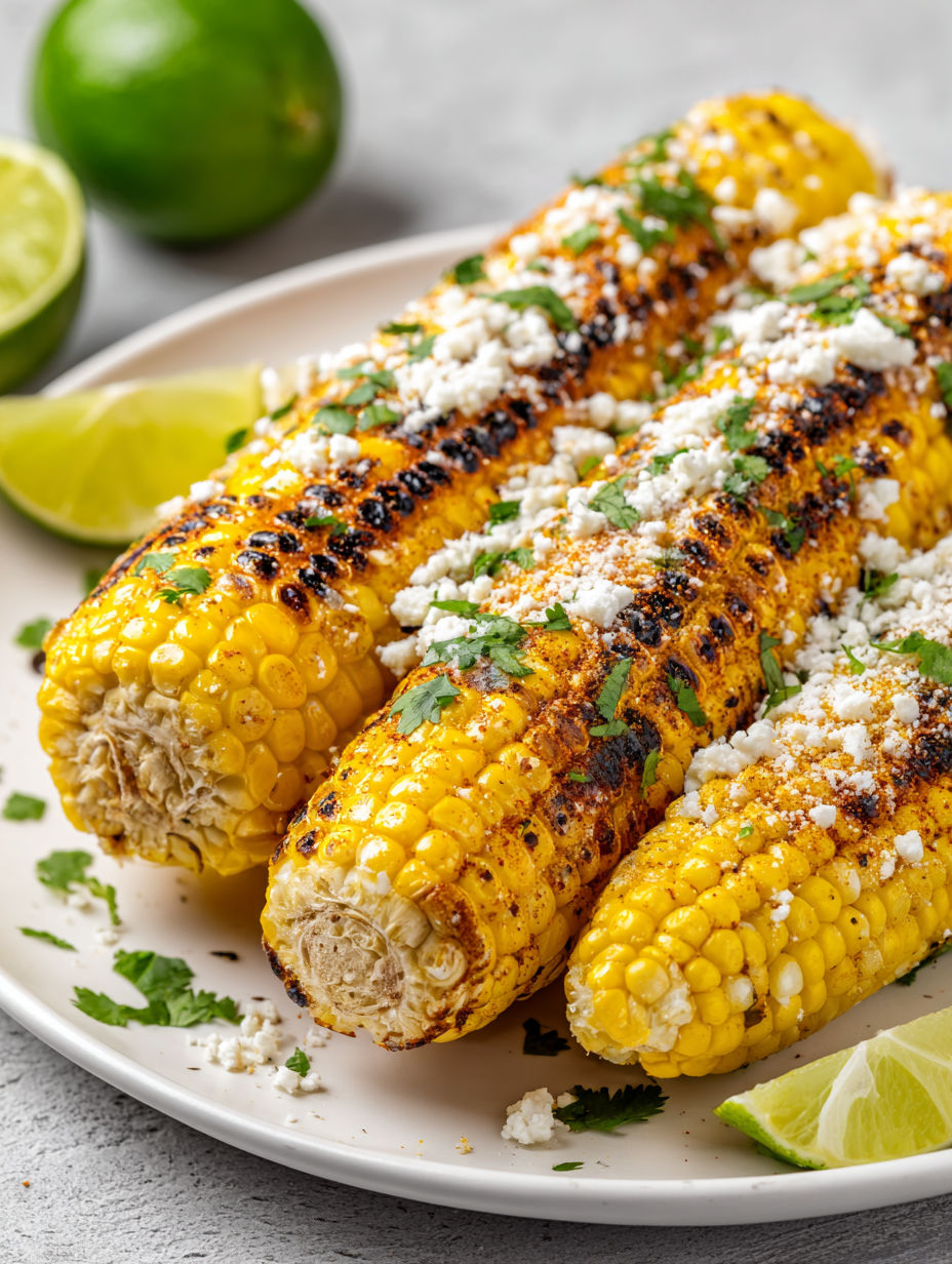 A plate of corn with cheese and lime.
