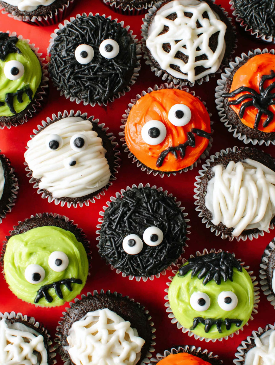 A collection of cupcakes with Halloween decorations.