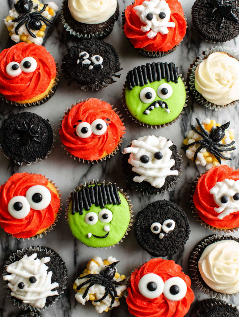 A collection of cupcakes with Halloween decorations.