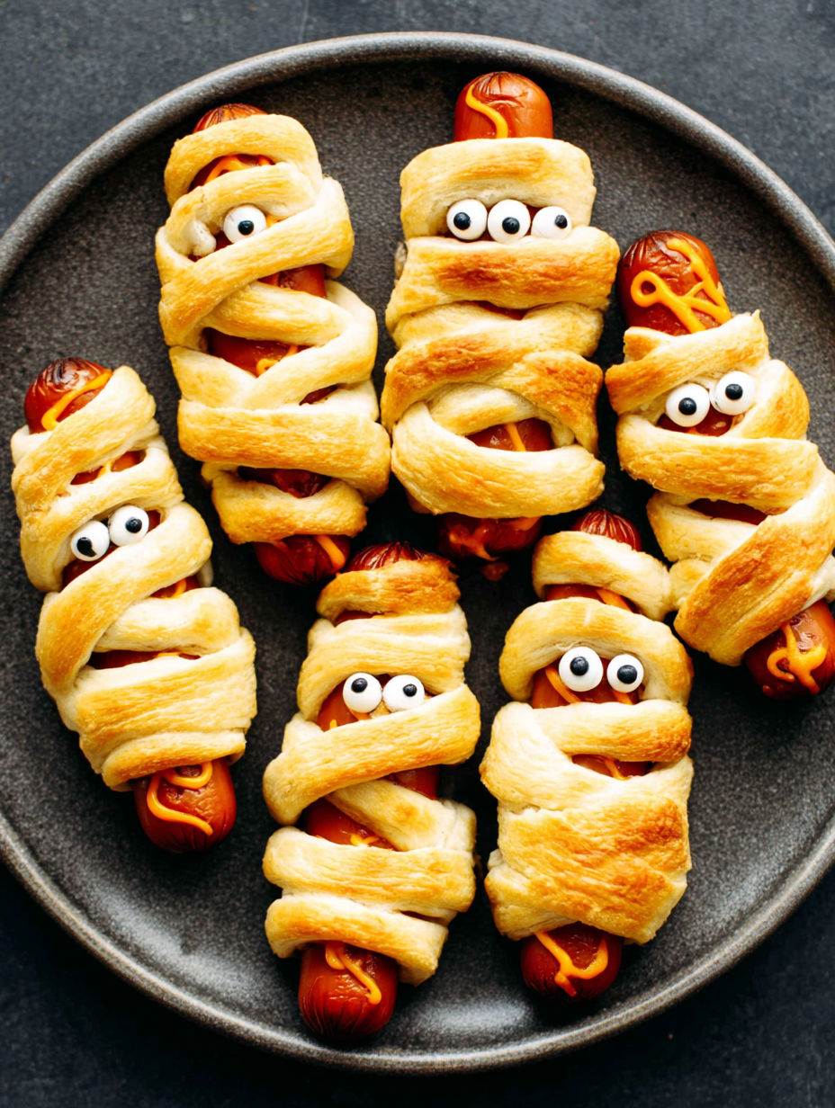 Mummy hot dogs on a plate.