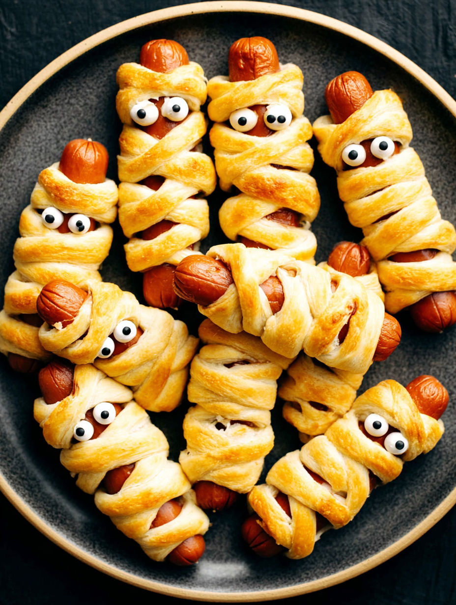Mummy hot dogs on a plate.