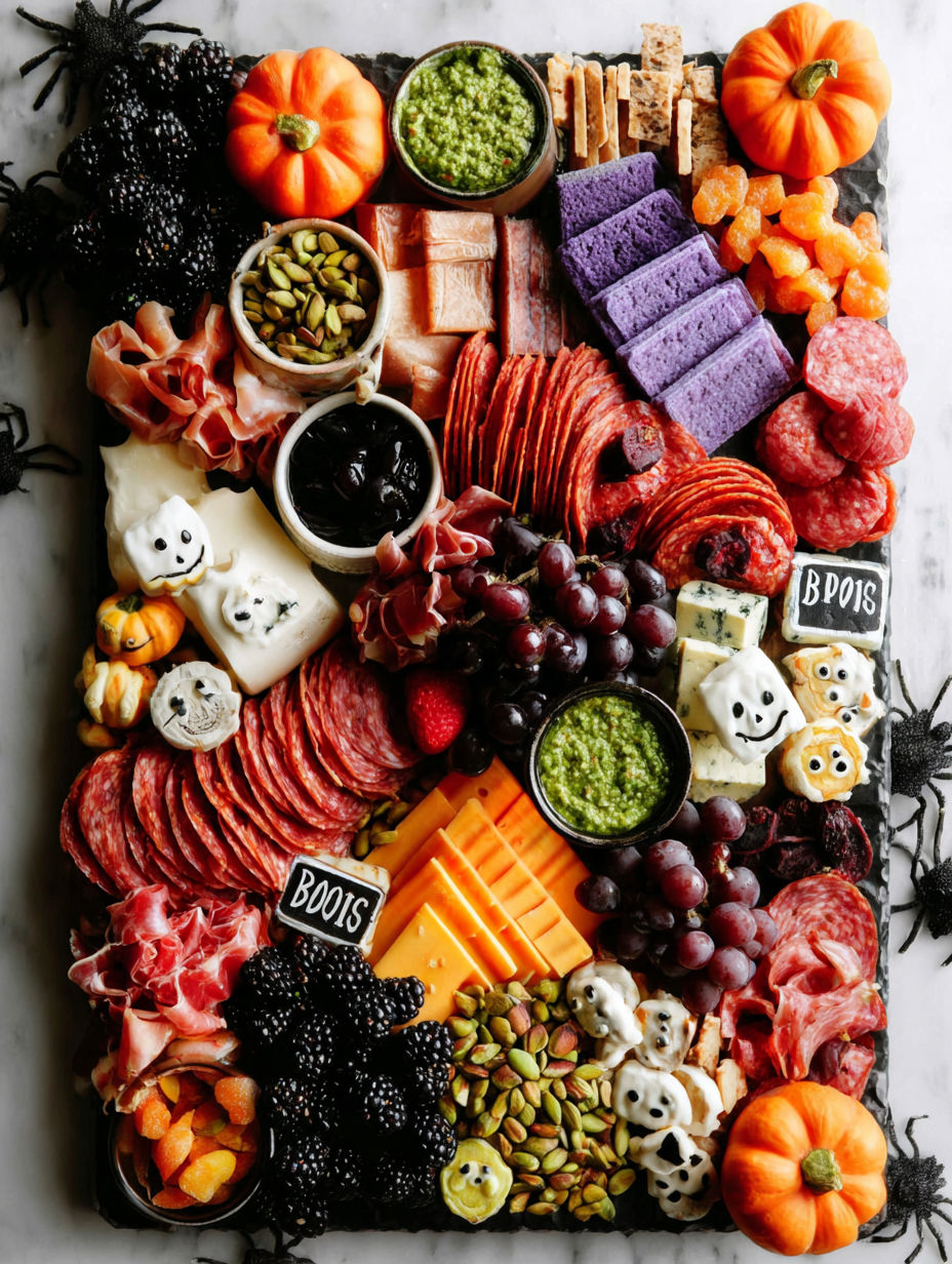 A table full of food with a sign that says "boos".