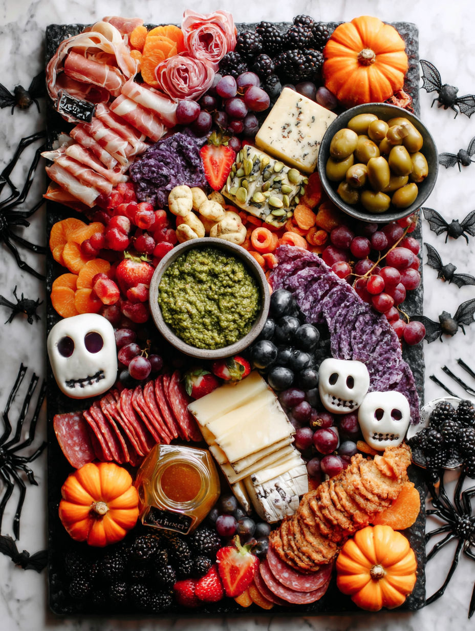 A table full of food with a skeleton on the right.