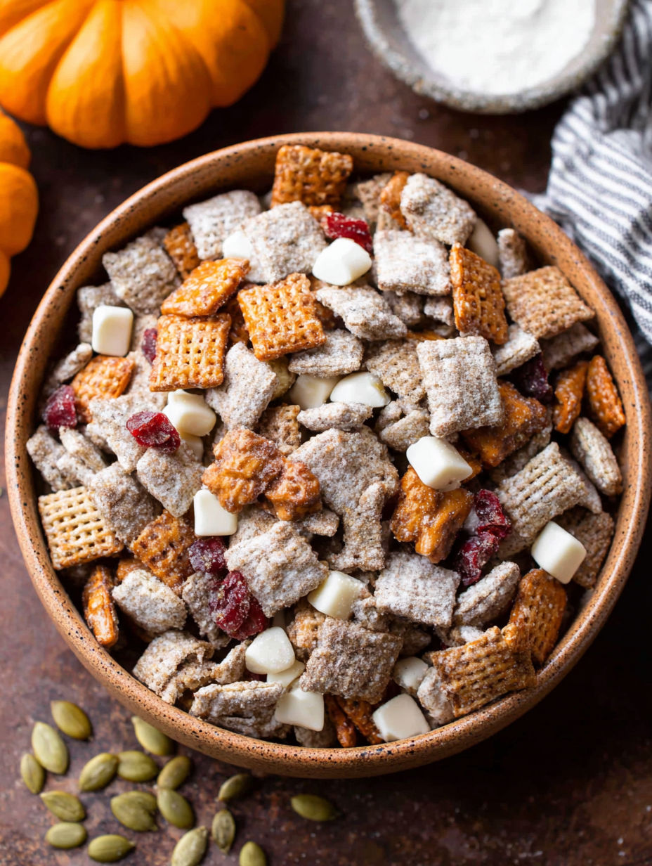 A bowl of Pumpkin Spice Buddies - Festive Fall Munchies!