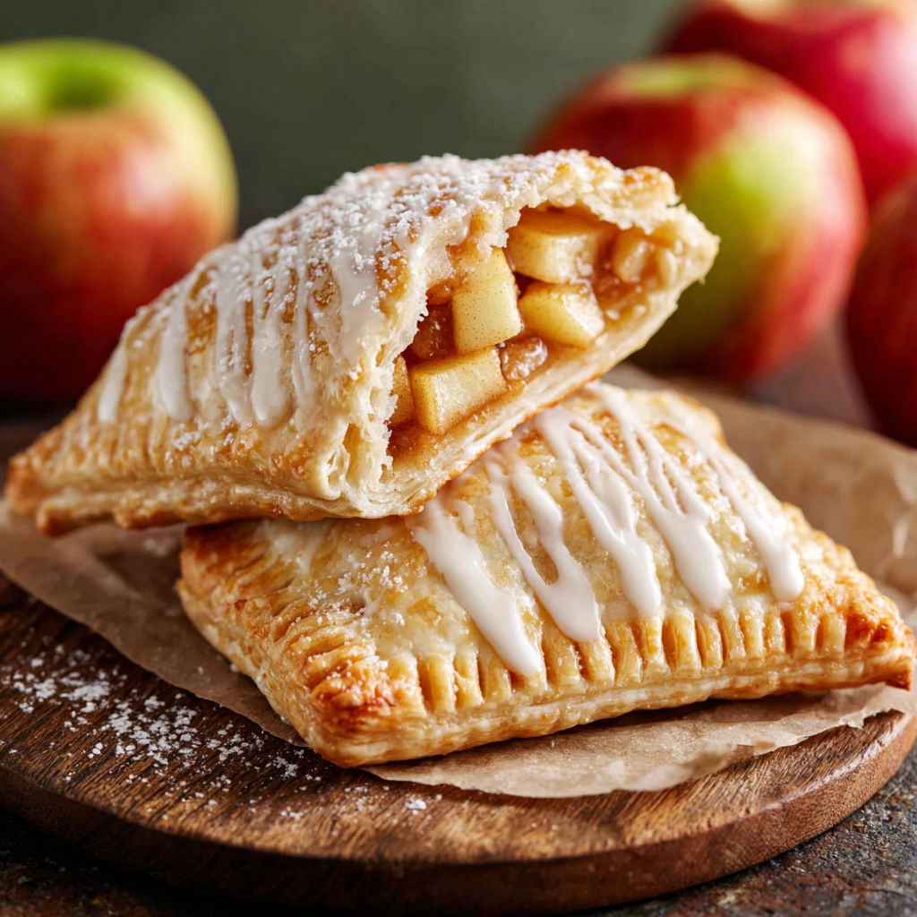 Two homemade apple pop tarts on a wooden table.