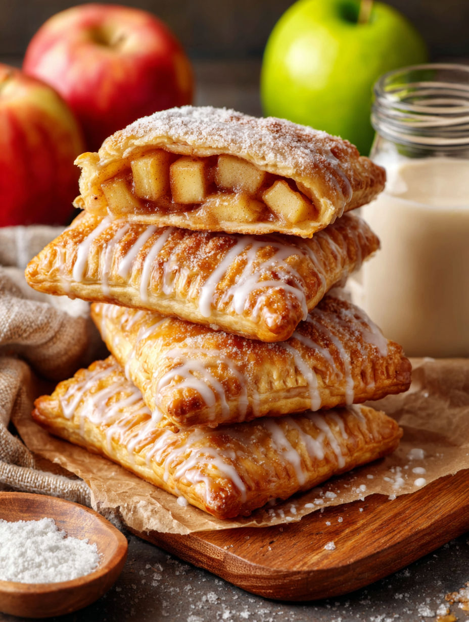 Homemade apple pop tarts stacked on a wooden table.