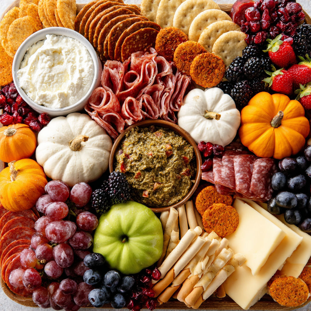 A variety of foods on a wooden tray, including cheese, crackers, fruit, and meat.