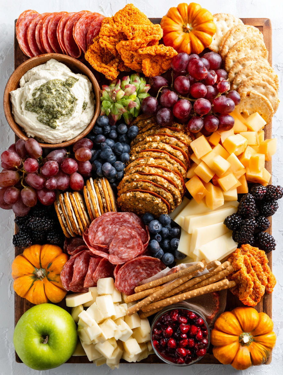 A variety of foods on a board, including cheese, crackers, grapes, and apples.