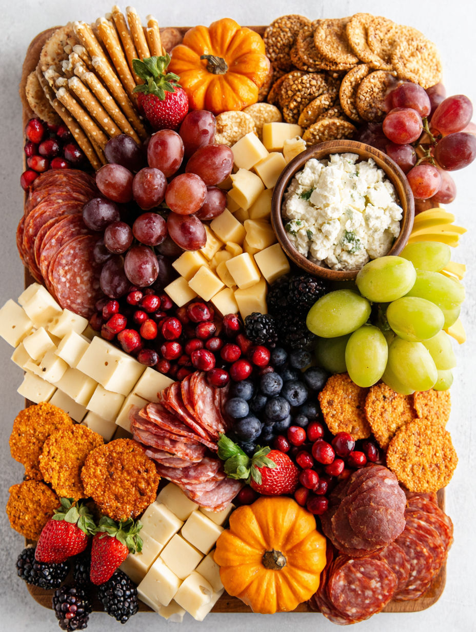 A variety of foods on a table, including cheese, crackers, fruit, and meat.
