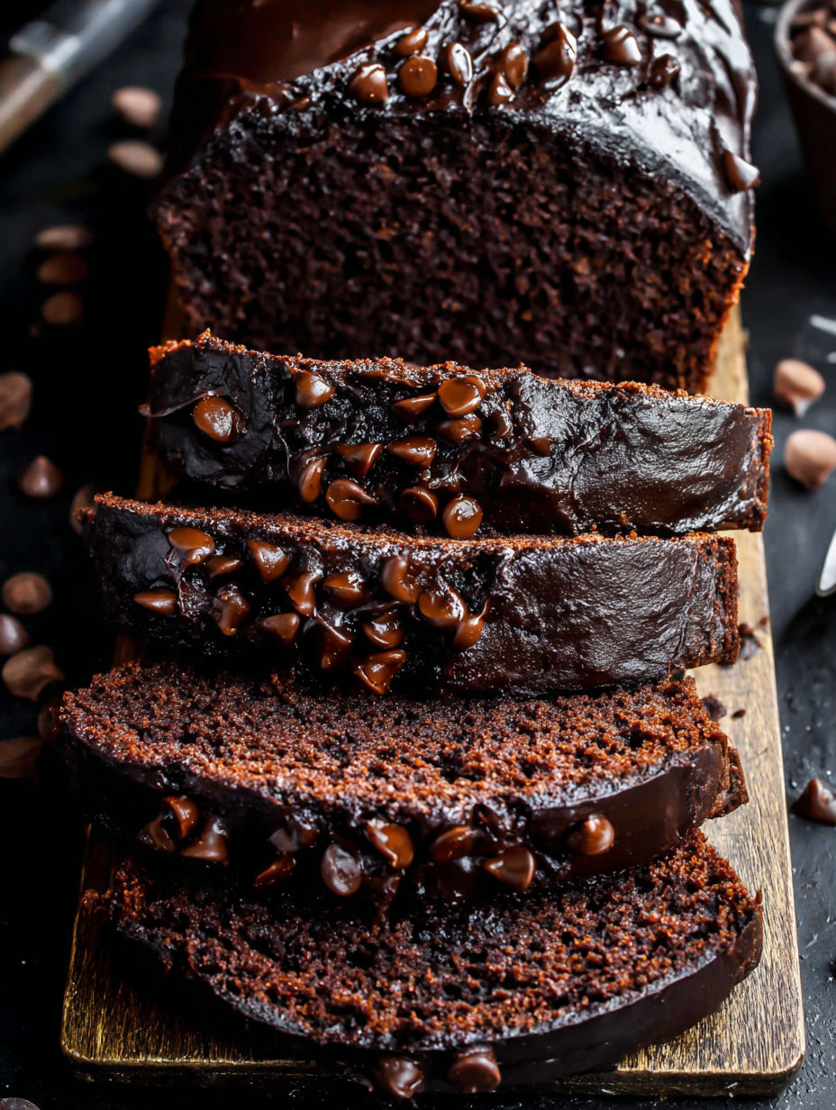 Three slices of dark chocolate pumpkin bread.