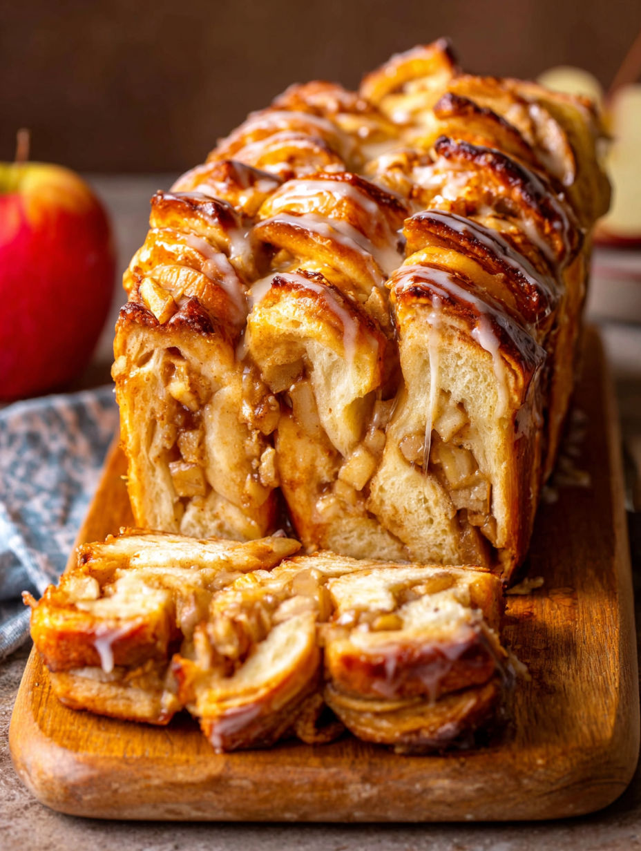A slice of a cinnamon roll with apple filling.
