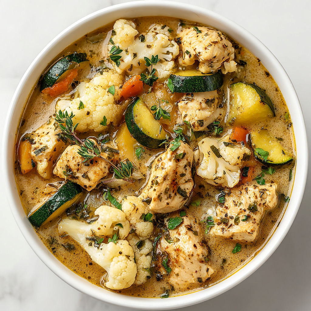 A bowl of chicken and cauliflower stew.