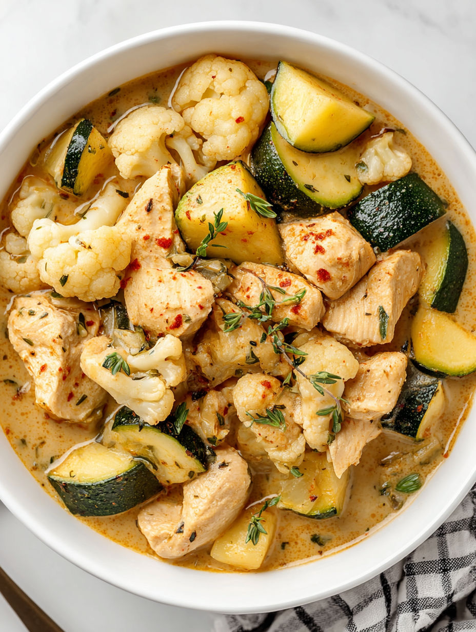 A bowl of chicken and cauliflower stew.