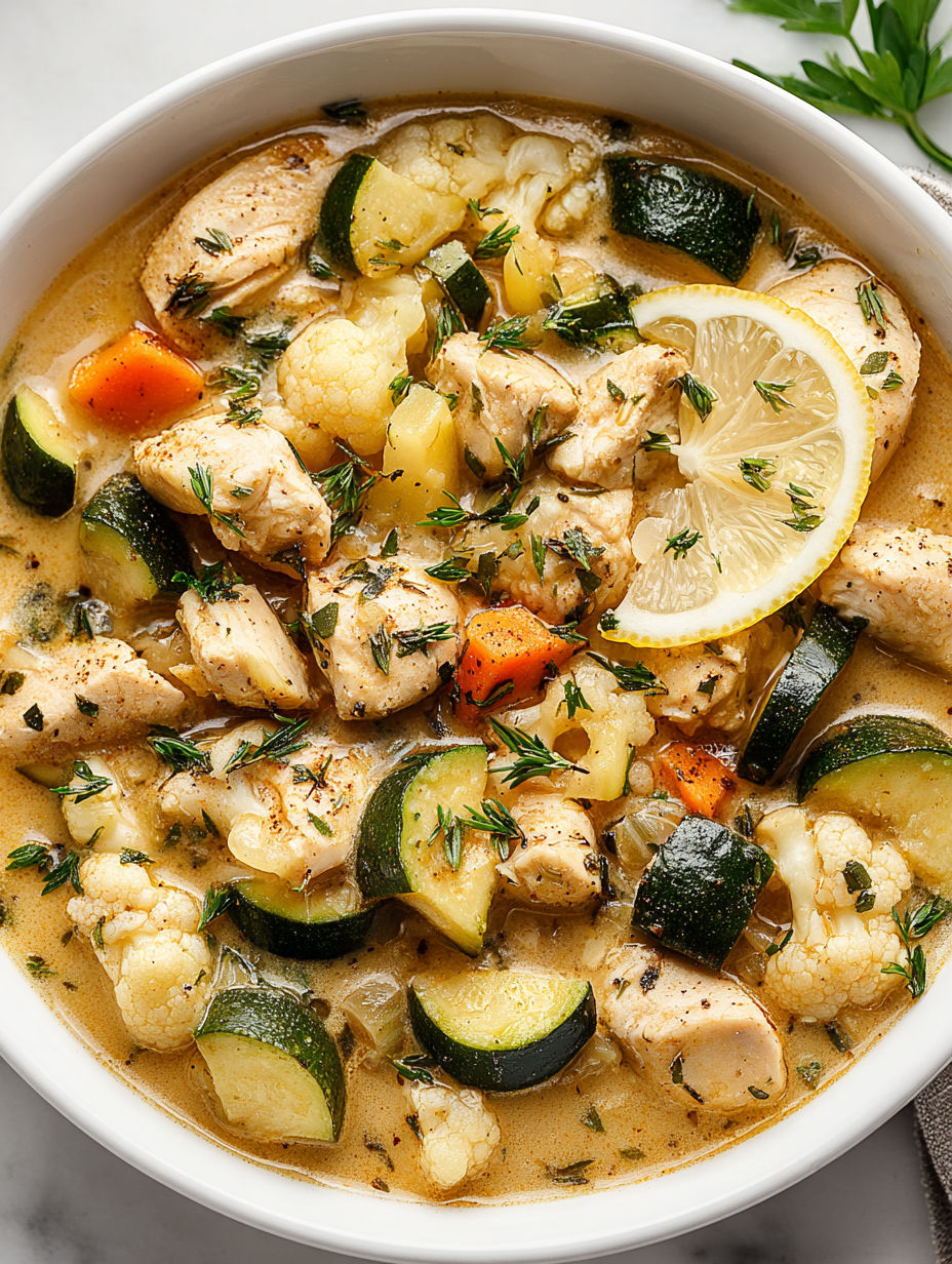 A bowl of chicken and cauliflower stew.