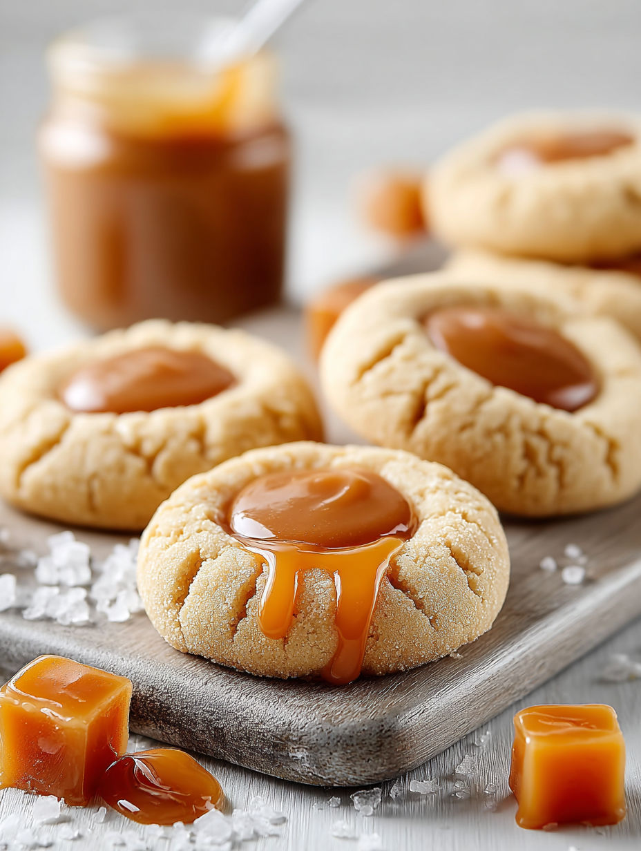 A plate of cookies with caramel drizzled on top.