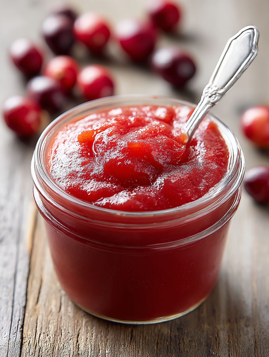 A glass jar of cranberry applesauce.
