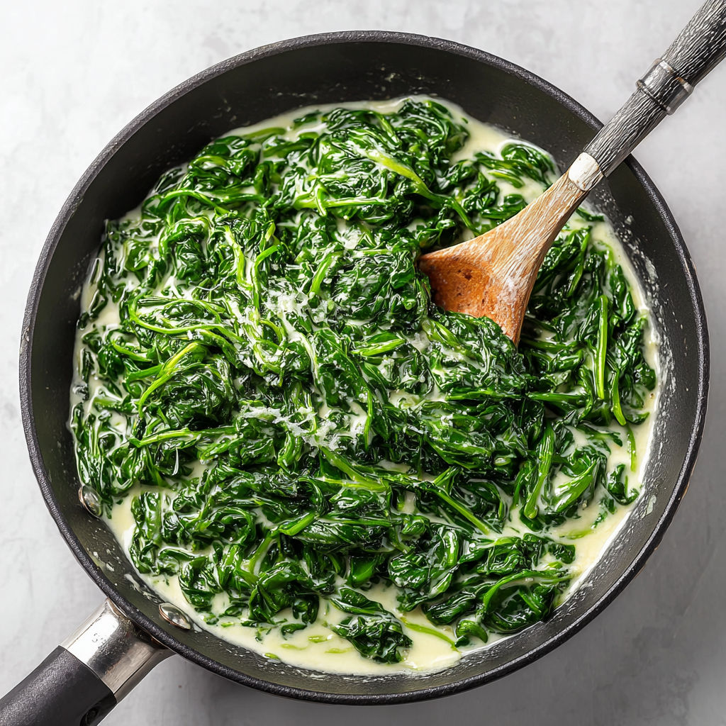 A pan of creamed spinach with a spoon in it.
