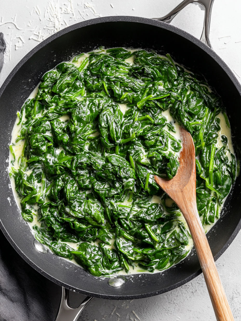 A pan of creamed spinach with a wooden spoon in it.