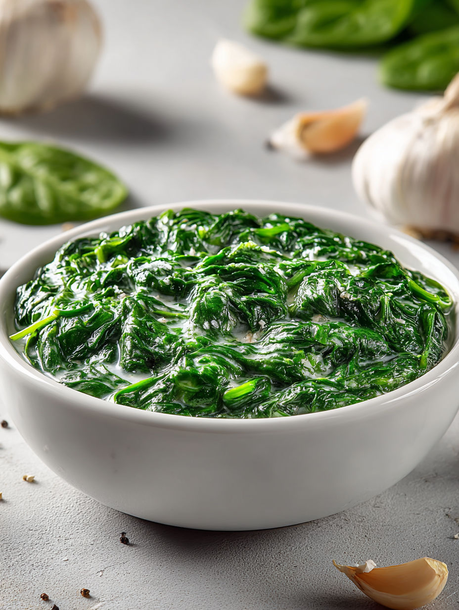 A bowl of creamed spinach.