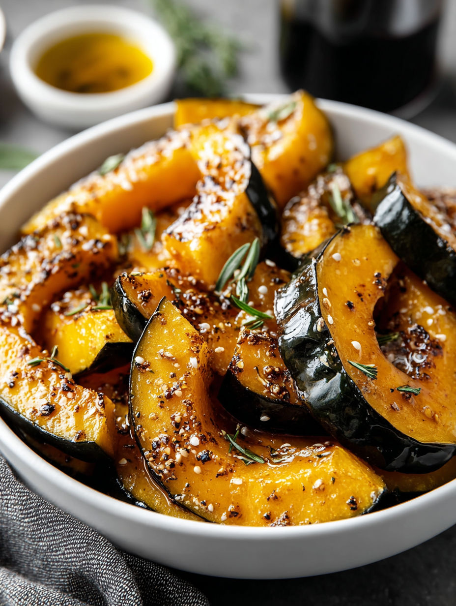 A bowl of acorn squash wedges with seasoning.
